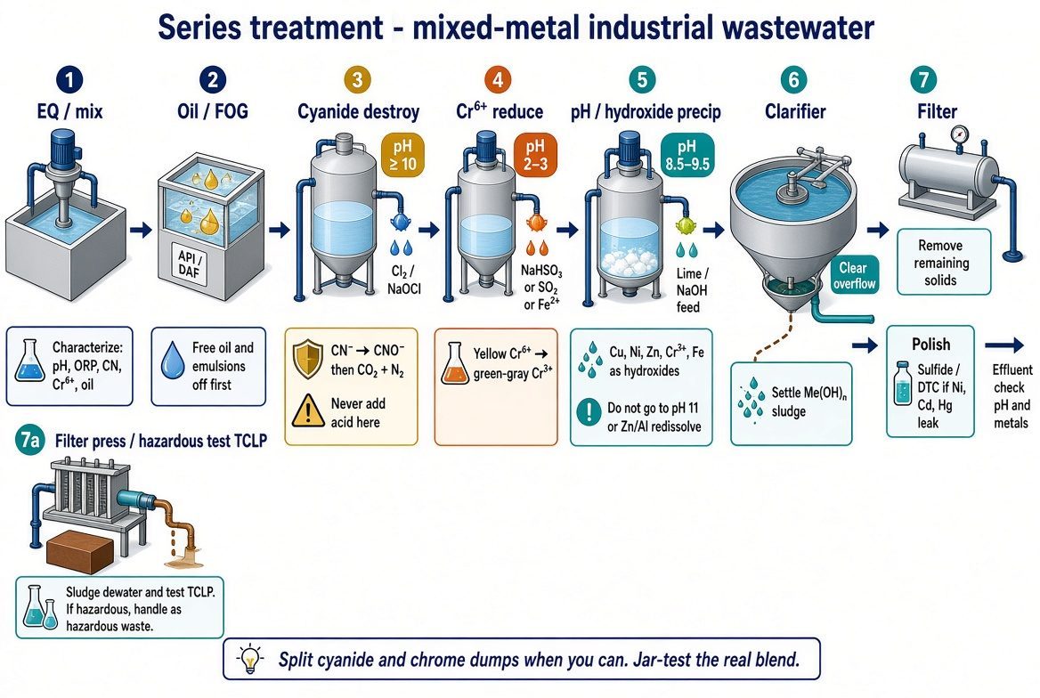 Illustration of a series treatment train for mixed-metal industrial wastewater: equalization and mixing, oil removal, cyanide destruction at high pH, hexavalent chromium reduction at low pH, hydroxide precipitation, clarifier, filter and polish, with a filter press and hazardous waste test for the sludge.