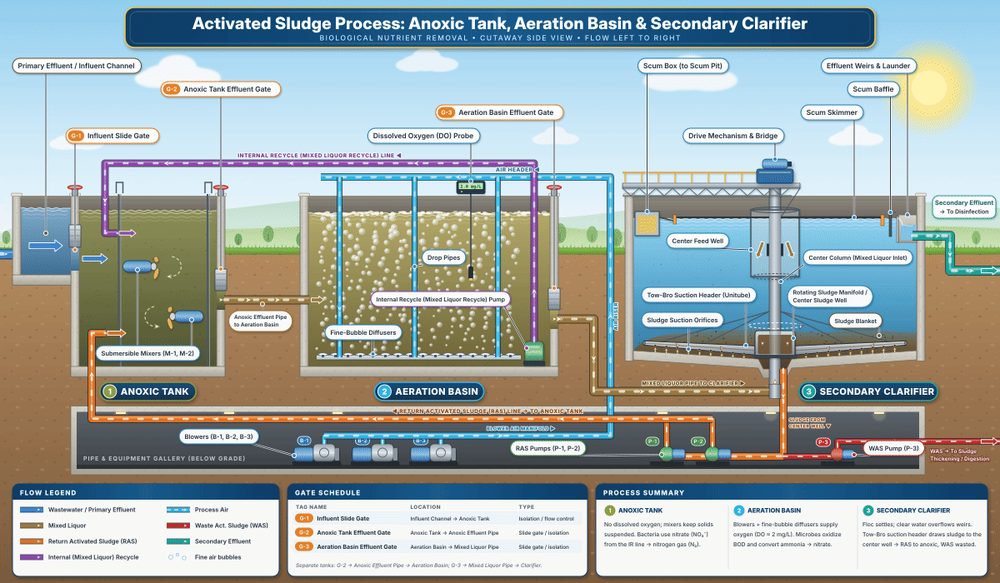 Cutaway illustration of one activated sludge train, flow left to right: anoxic tank with submersible mixers, aeration basin with fine-bubble diffusers and a dissolved oxygen probe, and a secondary clarifier with a suction header sludge collector. Lines show the internal mixed liquor recycle, return activated sludge to the anoxic tank, waste activated sludge, blowers in the pipe gallery below grade, and secondary effluent to disinfection.