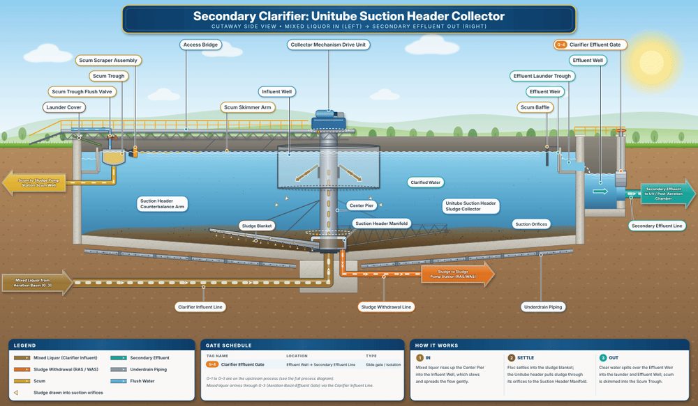 Cutaway illustration of a secondary clarifier with a Unitube suction header collector. Mixed liquor enters through the center pier and influent well, floc settles into the sludge blanket, the suction header draws sludge through its orifices to the sludge withdrawal line for RAS and WAS, clear water spills over the effluent weir into the launder, and scum is skimmed into the scum trough.
