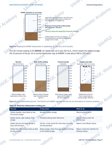 Sample manual page 17: how to read a 30-minute settleometer at 310 mL/L, four settleometer pictures (normal, slow fluffy settling, fast but cloudy, sludge rises later) and a table of what each result may mean and what to do.