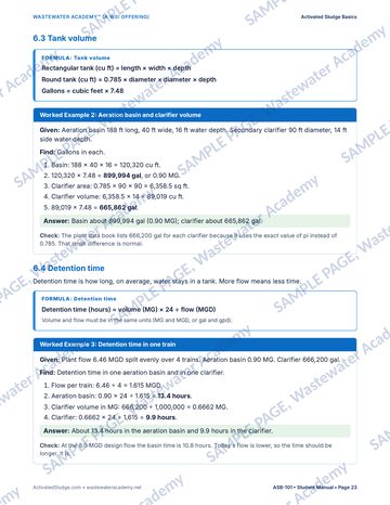 Sample manual page 23: tank volume and detention time formulas, with worked examples for aeration basin and clarifier volume and for detention time in one train, each with given data, step by step solution and answer.