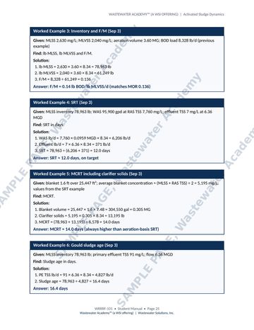Sample manual page 25: worked examples for solids inventory and F/M, SRT, MCRT including clarifier solids, and Gould sludge age, each with given data, step by step solution and answer.