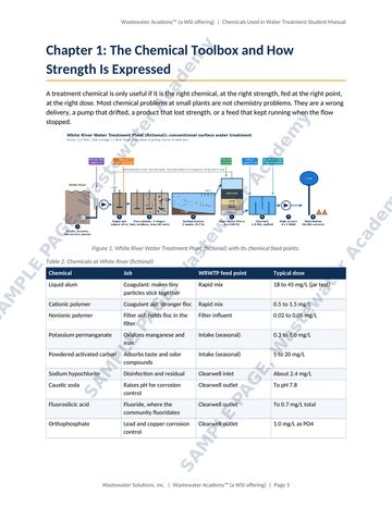 Sample manual page 5 from Chapter 1: a diagram of a water treatment plant with its chemical feed points, and a table of chemicals, their jobs, feed points and typical doses.
