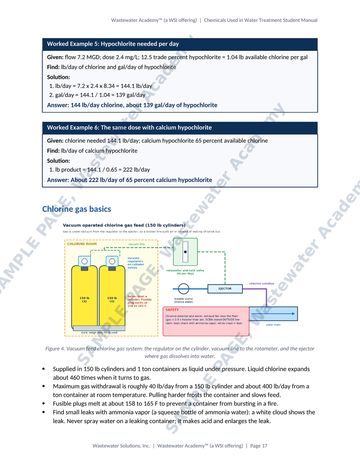 Sample manual page 17: worked examples for hypochlorite and calcium hypochlorite needed per day, and a diagram of a vacuum feed chlorine gas system.