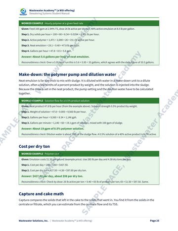 Sample manual page 25: worked examples for hourly polymer use, polymer solution flow and polymer cost per dry ton, with given data and step by step solutions.