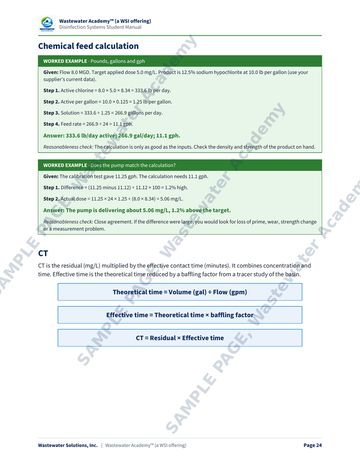 Sample manual page 24: worked examples for hypochlorite pounds, gallons and gallons per hour, a pump check, and the CT formula boxes.