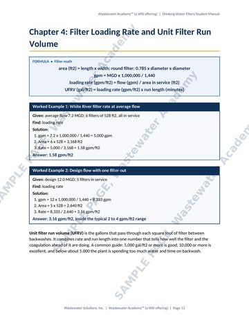 Sample manual page 11 from Chapter 4: filter loading rate and unit filter run volume formulas, with worked examples at average flow and with one filter out of service.