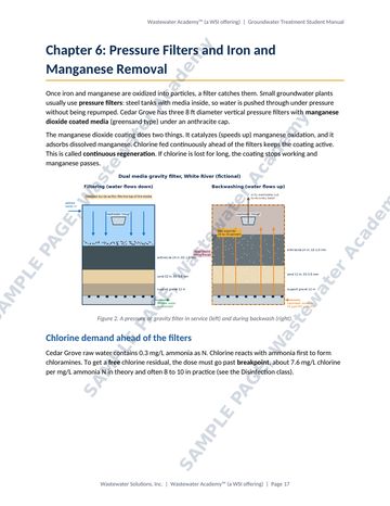 Sample manual page 17 from Chapter 6: an illustration of a pressure filter in service and during backwash, with notes on iron and manganese removal and chlorine demand.