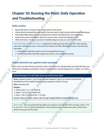 Sample manual page 28 from Chapter 10: a daily operating routine, checking chemical use against water pumped, and a worked example checking a pre-chlorine dose.