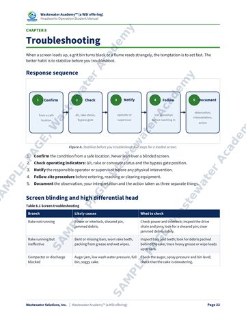 Sample manual page 22 from Chapter 8: a five step response sequence diagram for a loaded screen and a screen troubleshooting table of symptoms, what it means and what to check.