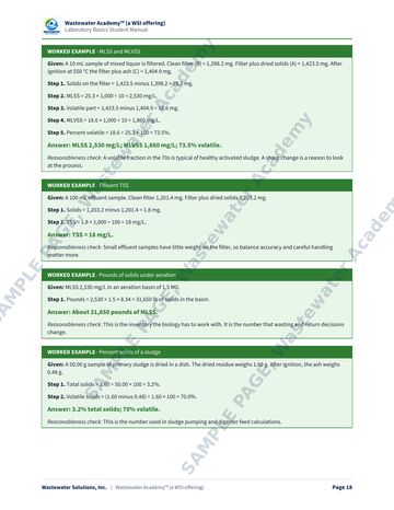 Sample manual page 18: worked examples for MLSS and MLVSS, effluent TSS, pounds of solids under aeration and percent solids of a sludge.