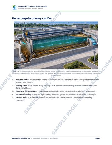 Sample manual page 8: an illustration of a rectangular primary clarifier with a chain-and-flight collector, with numbered notes on the inlet, settling zone, collector, skimming and effluent weirs.