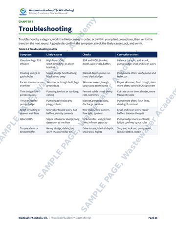 Sample manual page 26 from Chapter 8: a primary clarifier troubleshooting matrix listing symptoms, likely causes, checks and corrective actions.