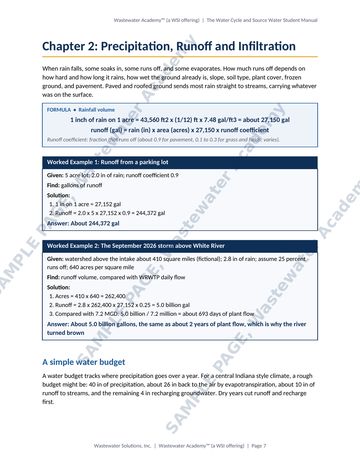 Sample manual page 7 from Chapter 2: the rational runoff formula, worked examples for runoff from a parking lot and a storm over a watershed, and a simple water budget.